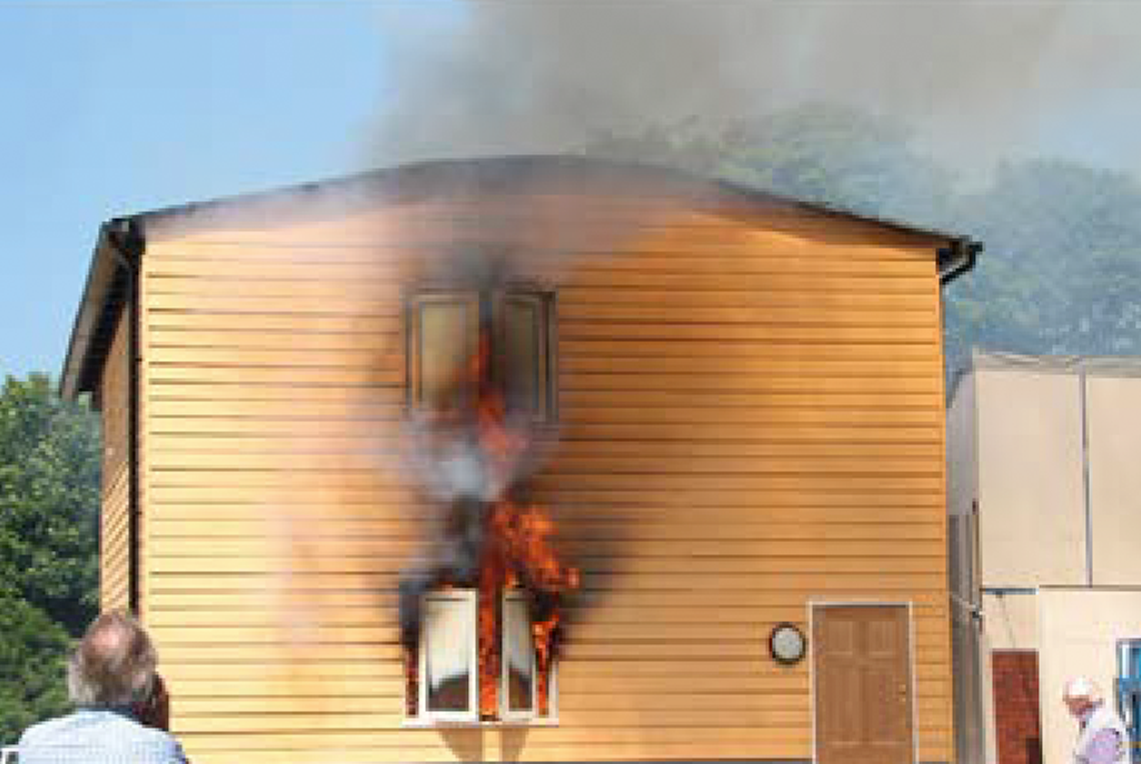 EnviroEcoWall Panel house - Showing the exterior of the fire test building during the fire test